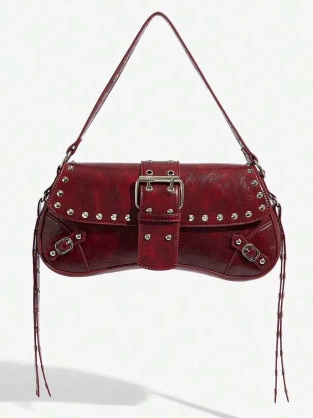 Burgundy Studded Buckle Shoulder Bag – Y2K Vintage Edgy Mini Handbag
